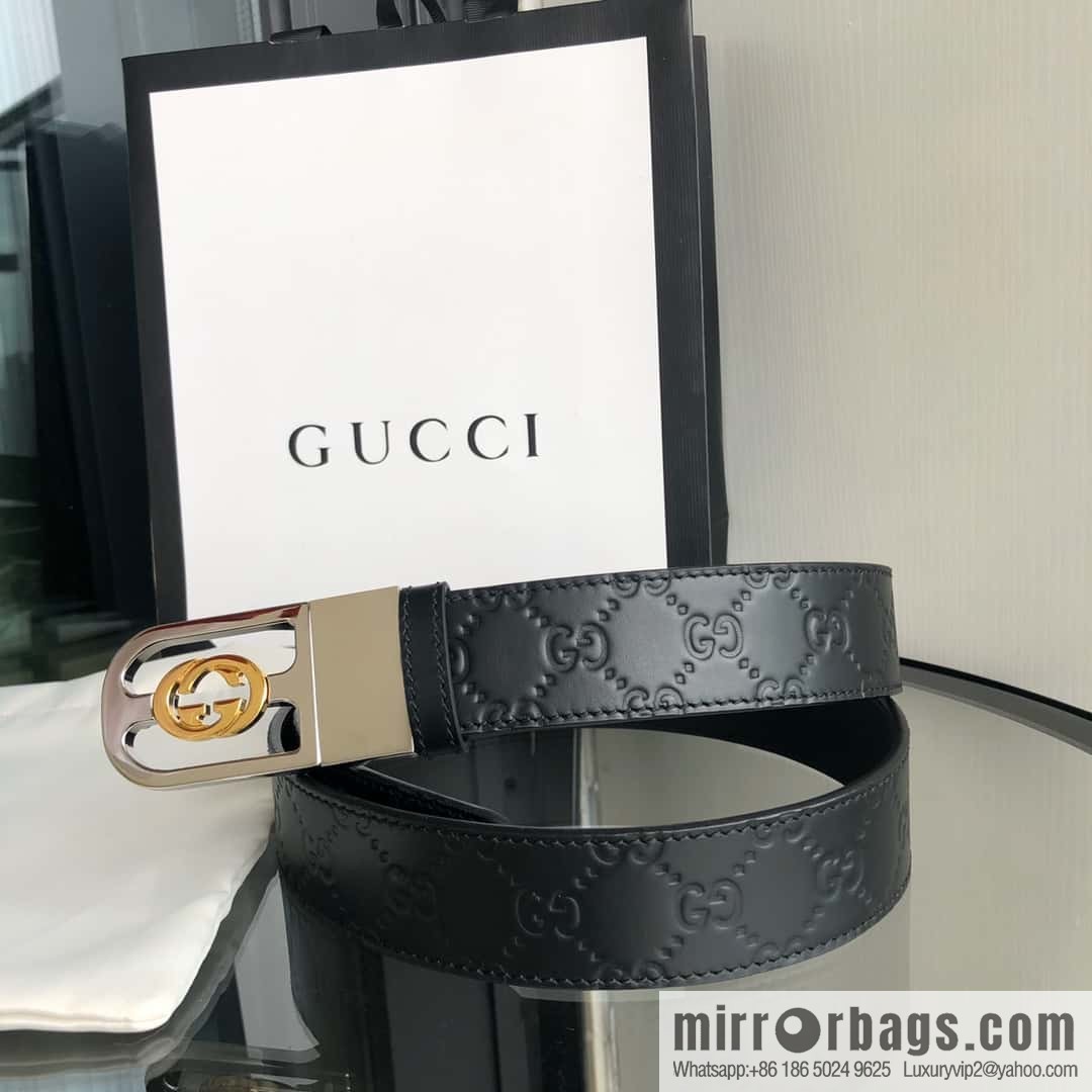 Gucci Gucci interlocking G-buckle first layer cowhide embossed belt 3.5cm