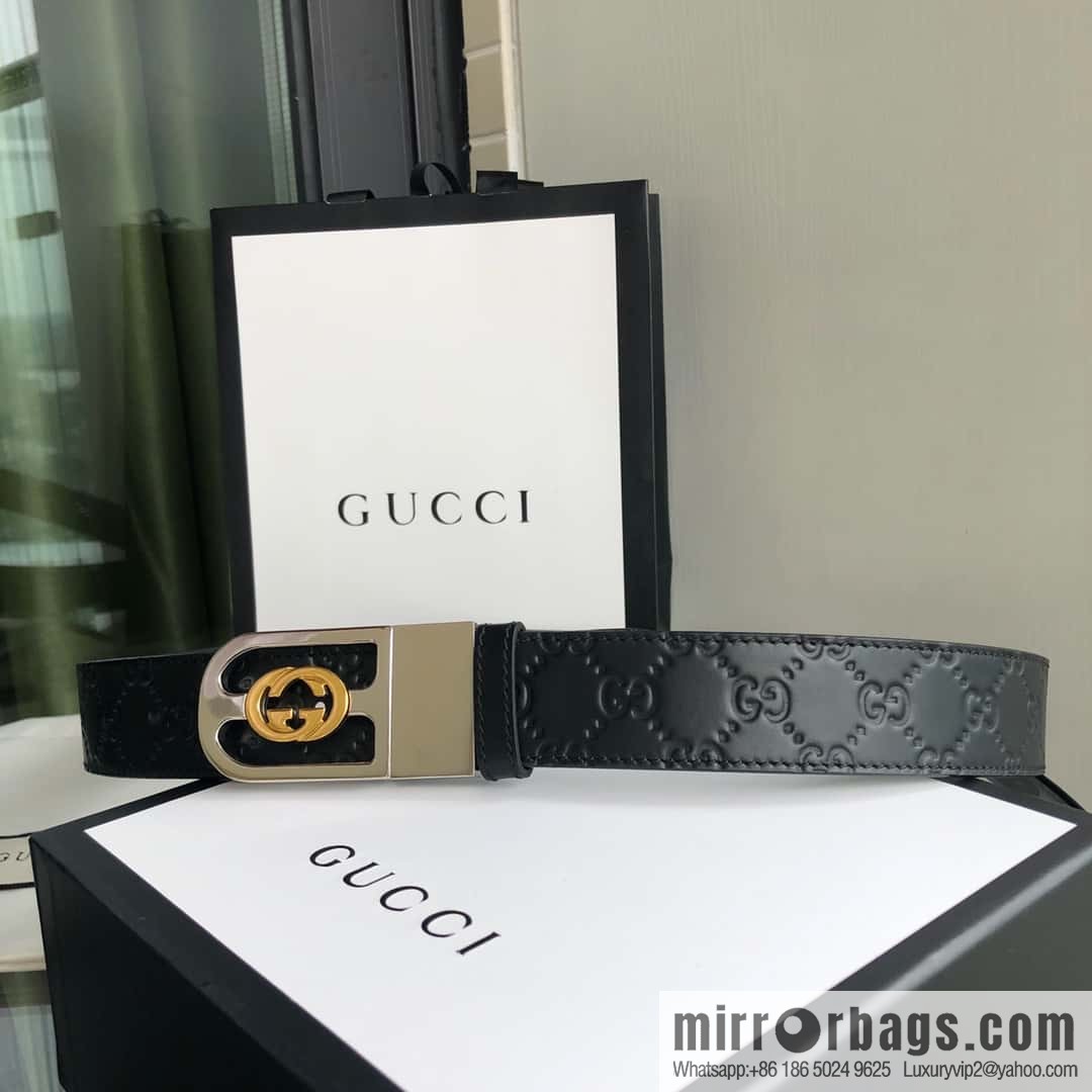 Gucci Gucci interlocking G-buckle first layer cowhide embossed belt 3.5cm