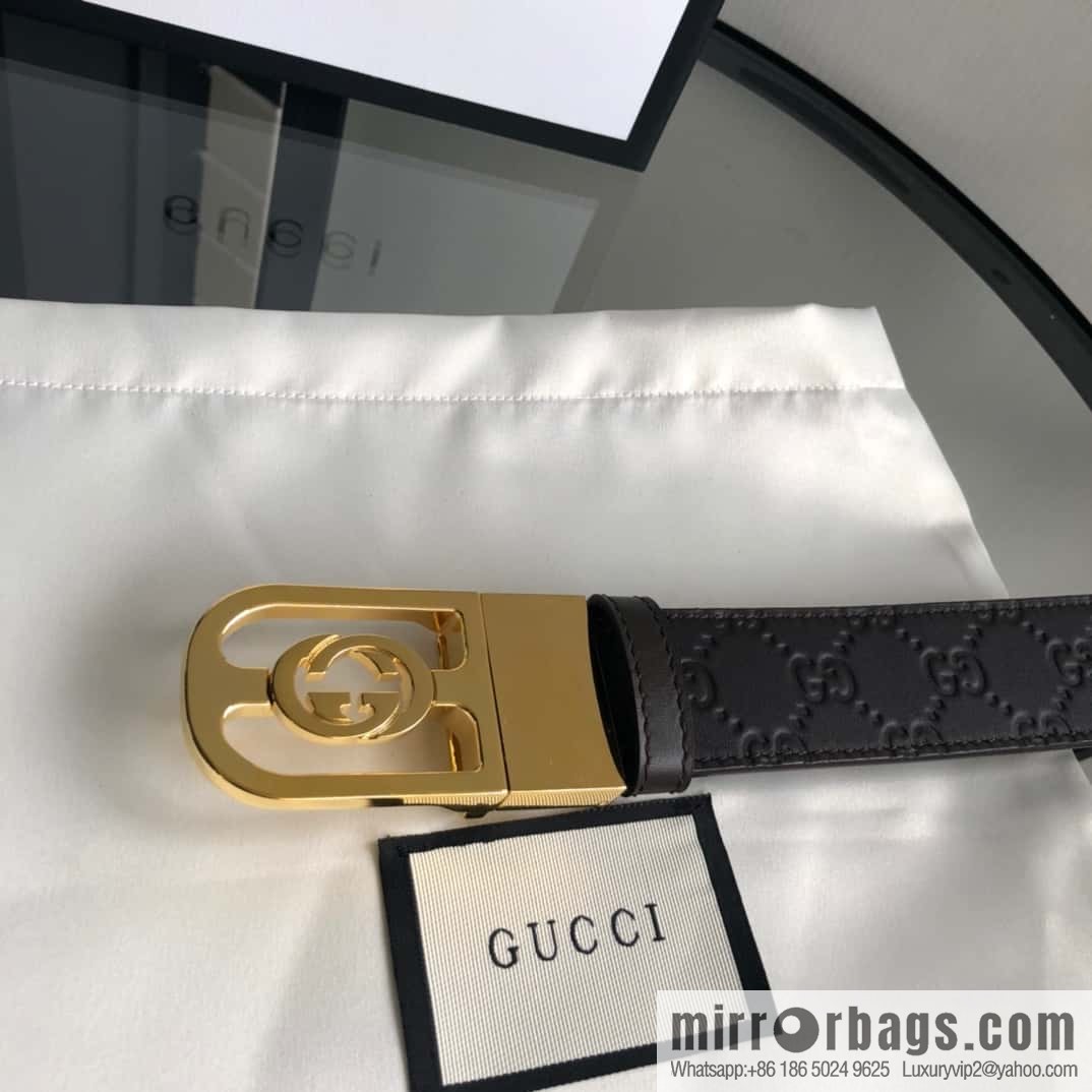 Gucci Gucci interlocking G-buckle first layer cowhide embossed belt 3.5cm