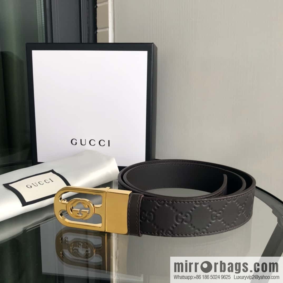 Gucci Gucci interlocking G-buckle first layer cowhide embossed belt 3.5cm