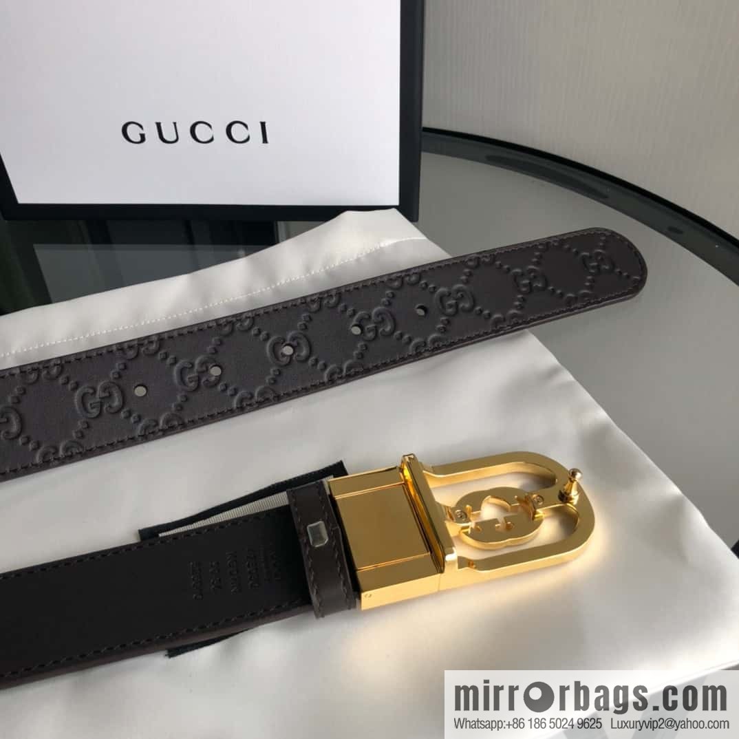 Gucci Gucci interlocking G-buckle first layer cowhide embossed belt 3.5cm