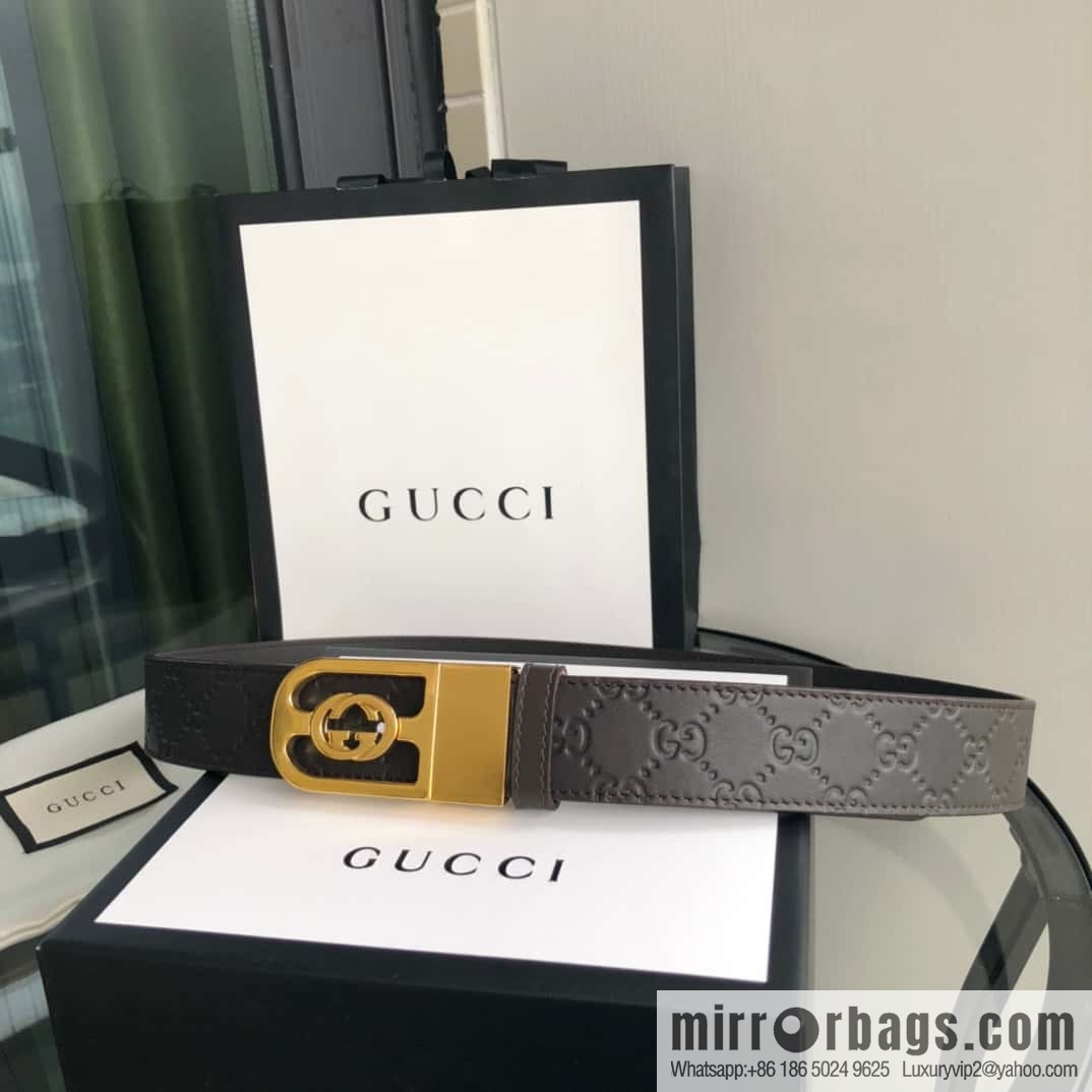 Gucci Gucci interlocking G-buckle first layer cowhide embossed belt 3.5cm