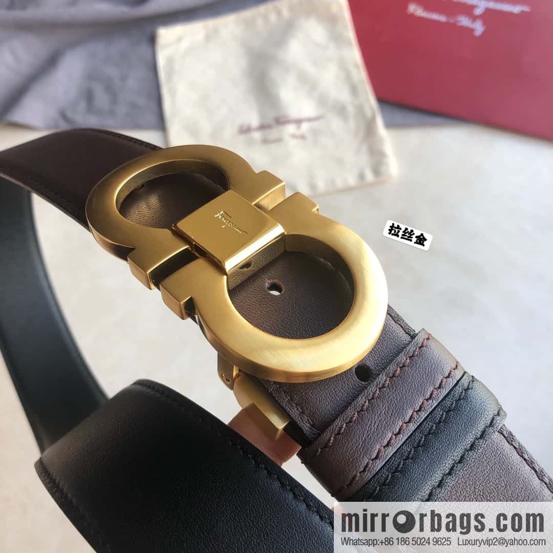 Ferragamo Ferragamo Men's Cowhide Black Double Sided Available Counter Version Board Buckle Belt 3.5cm