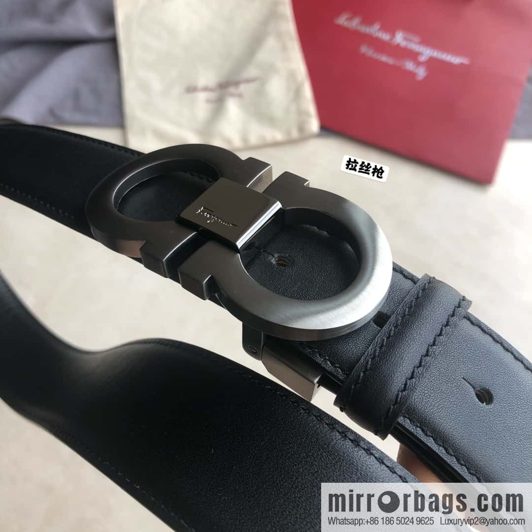 Ferragamo Ferragamo Men's Cowhide Black Double Sided Available Counter Version Board Buckle Belt 3.5cm