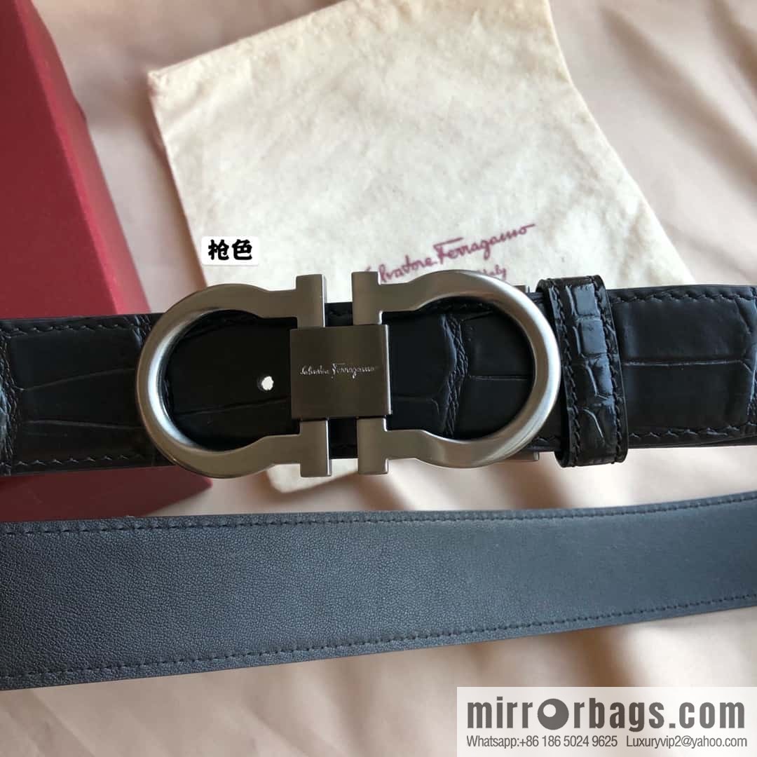 Ferragamo Ferragamo, Double Circle Metal Clip Crocodile Textured Belt