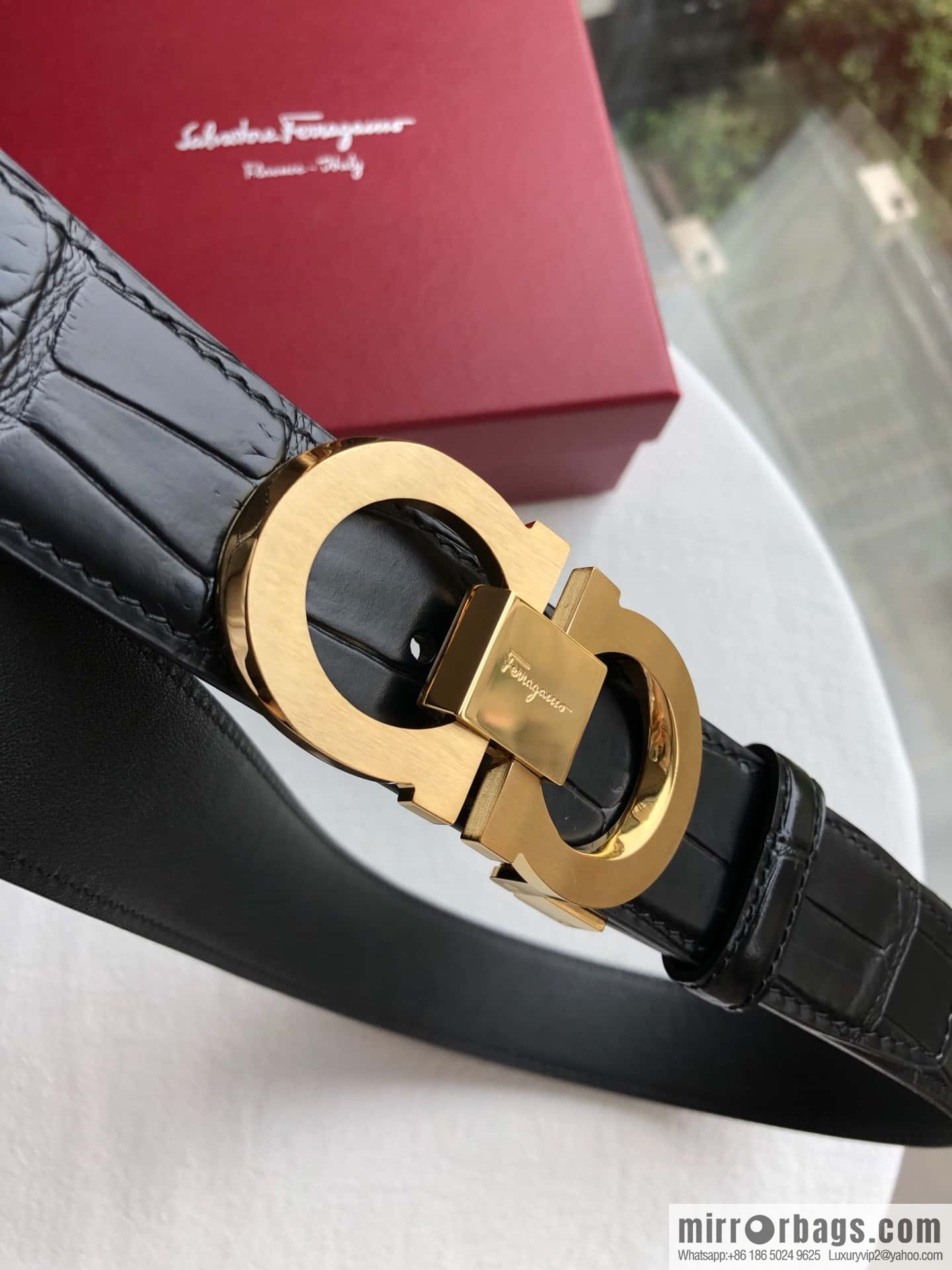 Ferragamo Ferragamo, Boutique Double Circle Metal Buckle, Crocodile Textured Men's Belt 3.5cm