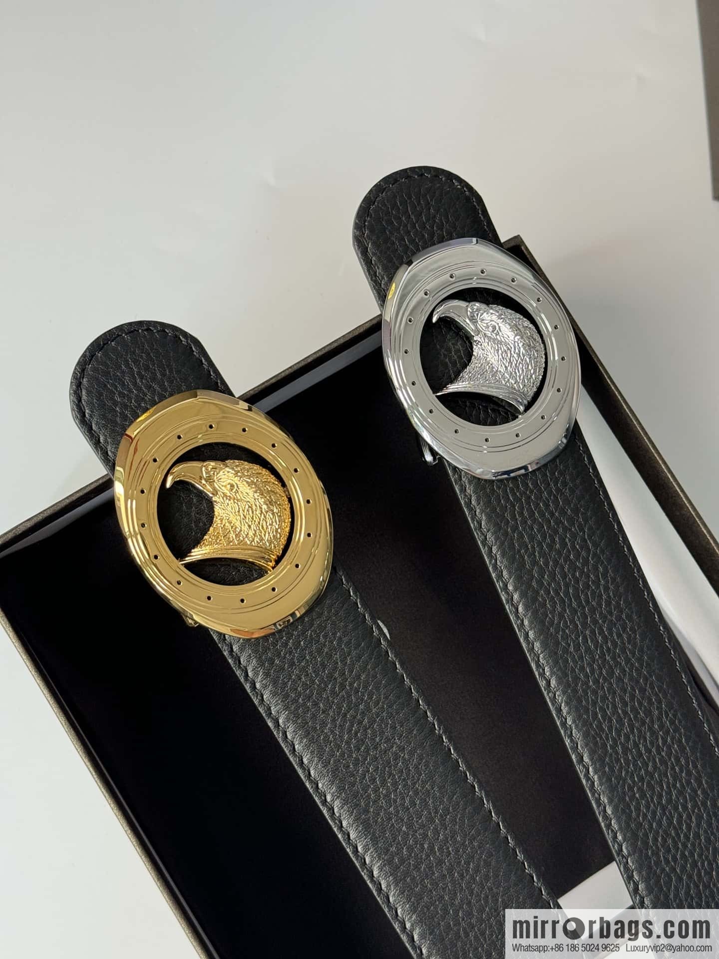 Stefano Ricci Stephen, Stainless Steel Eagle Head Buckle 3.8cm Double Sided Top Cowhide Litchi Pattern Belt