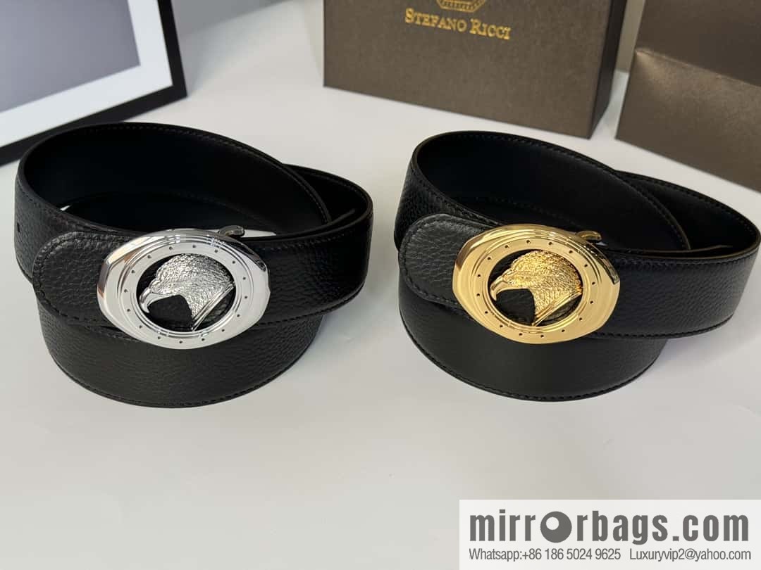 Stefano Ricci Stephen, Stainless Steel Eagle Head Buckle 3.8cm Double Sided Top Cowhide Litchi Pattern Belt
