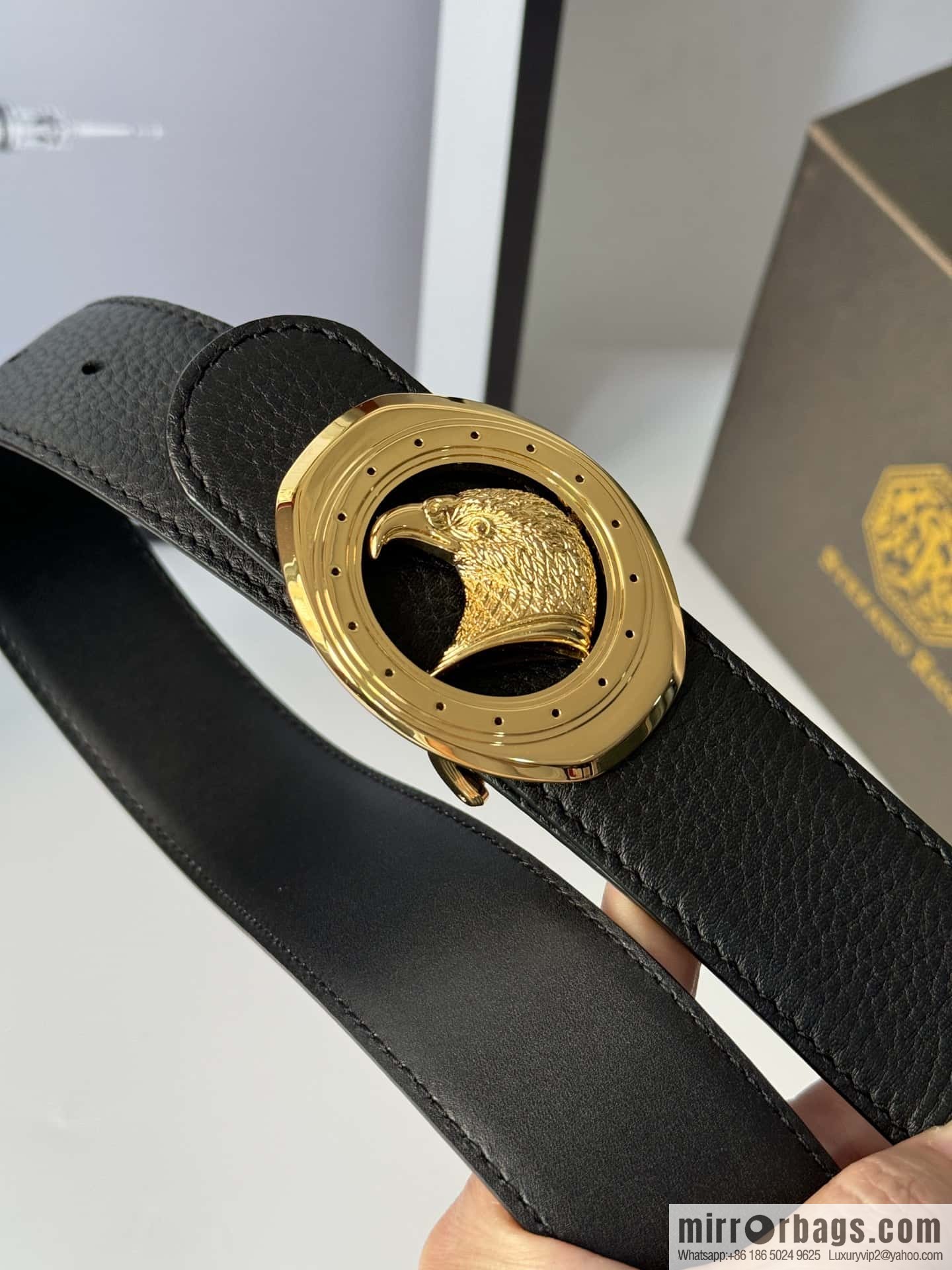 Stefano Ricci Stephen, Stainless Steel Eagle Head Buckle 3.8cm Double Sided Top Cowhide Litchi Pattern Belt