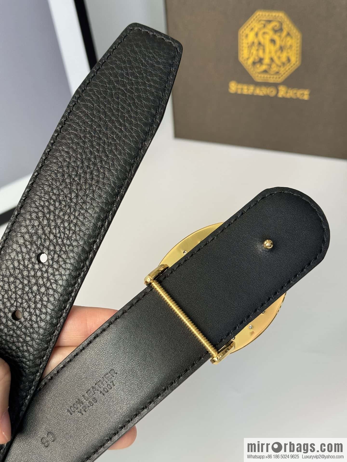 Stefano Ricci Stephen, Stainless Steel Eagle Head Buckle 3.8cm Double Sided Top Cowhide Litchi Pattern Belt
