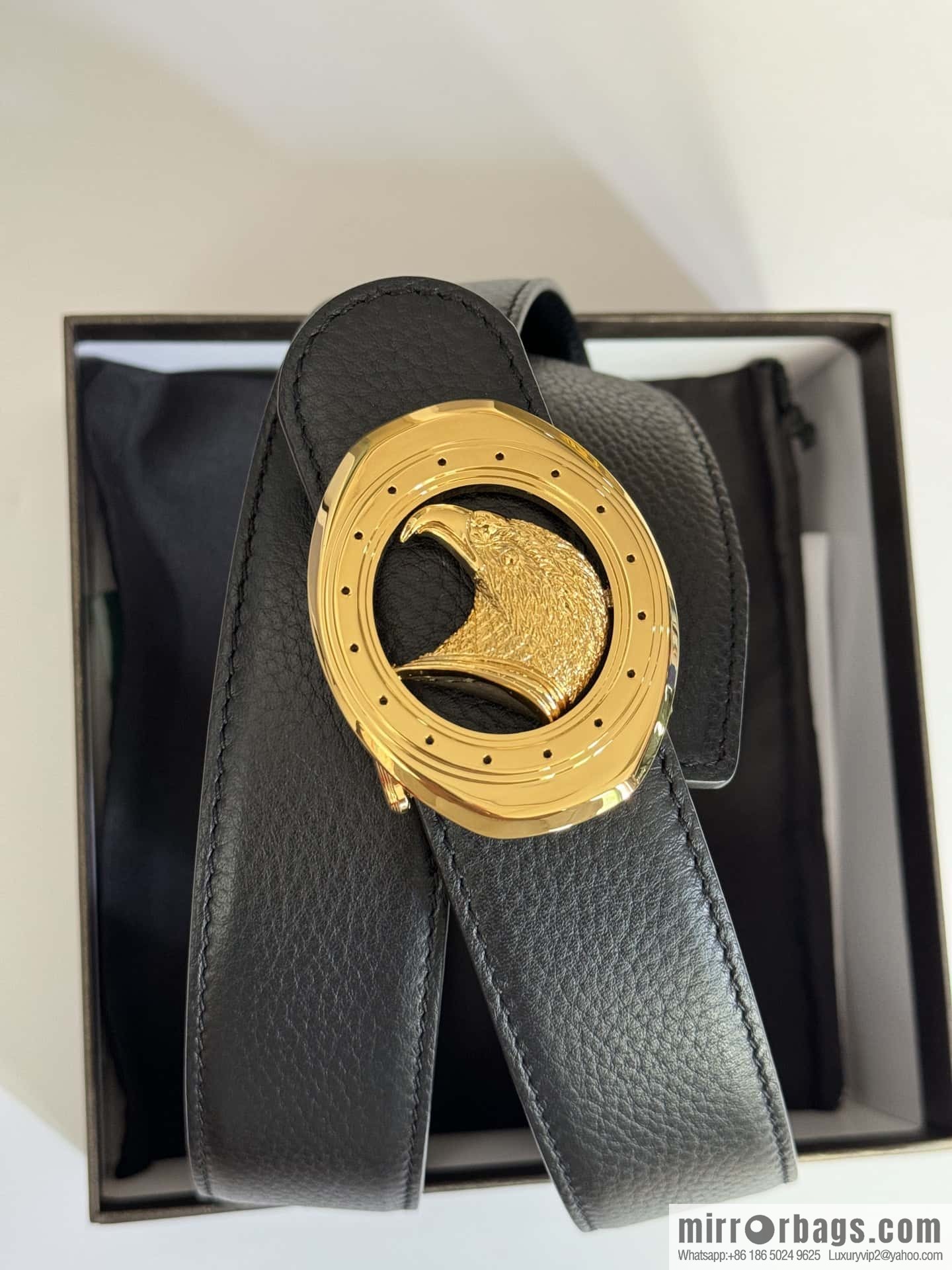 Stefano Ricci Stephen, Stainless Steel Eagle Head Buckle 3.8cm Double Sided Top Cowhide Litchi Pattern Belt