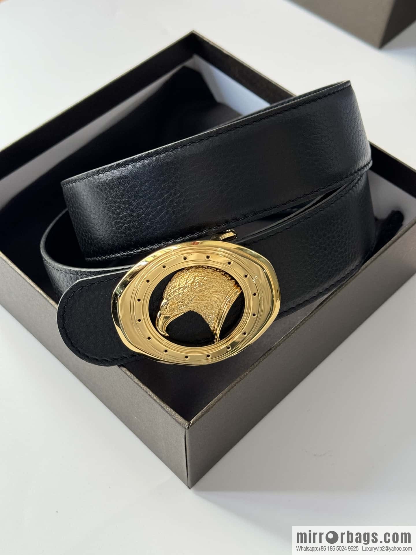 Stefano Ricci Stephen, Stainless Steel Eagle Head Buckle 3.8cm Double Sided Top Cowhide Litchi Pattern Belt