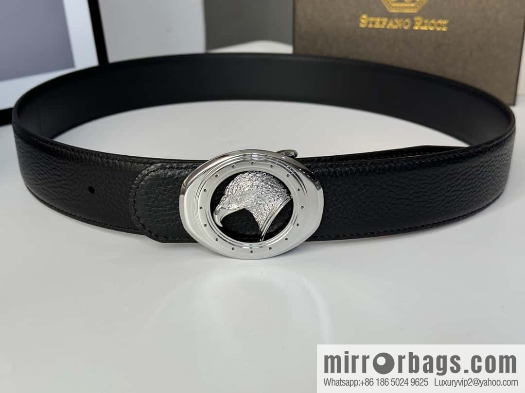 Stefano Ricci Stephen, Stainless Steel Eagle Head Buckle 3.8cm Double Sided Top Cowhide Litchi Pattern Belt
