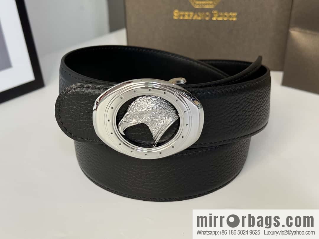 Stefano Ricci Stephen, Stainless Steel Eagle Head Buckle 3.8cm Double Sided Top Cowhide Litchi Pattern Belt
