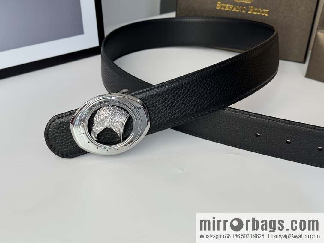 Stefano Ricci Stephen, Stainless Steel Eagle Head Buckle 3.8cm Double Sided Top Cowhide Litchi Pattern Belt
