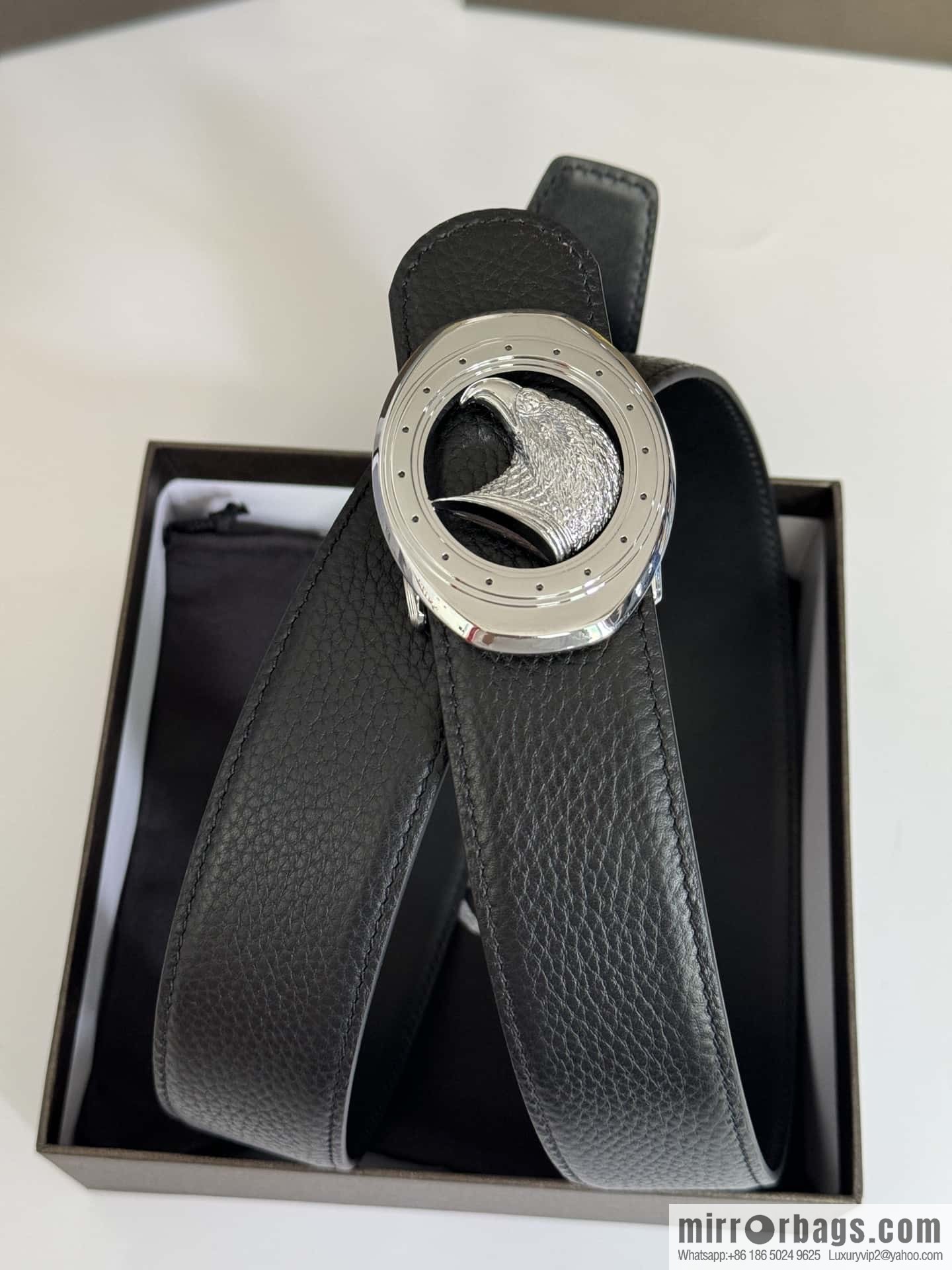 Stefano Ricci Stephen, Stainless Steel Eagle Head Buckle 3.8cm Double Sided Top Cowhide Litchi Pattern Belt