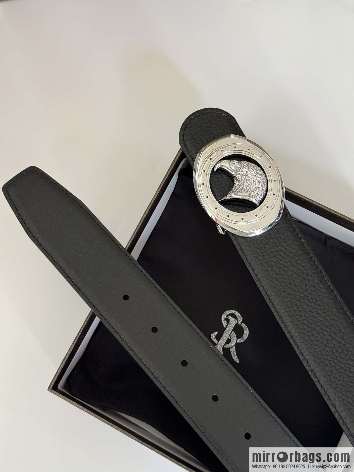 Stefano Ricci Stephen, Stainless Steel Eagle Head Buckle 3.8cm Double Sided Top Cowhide Litchi Pattern Belt