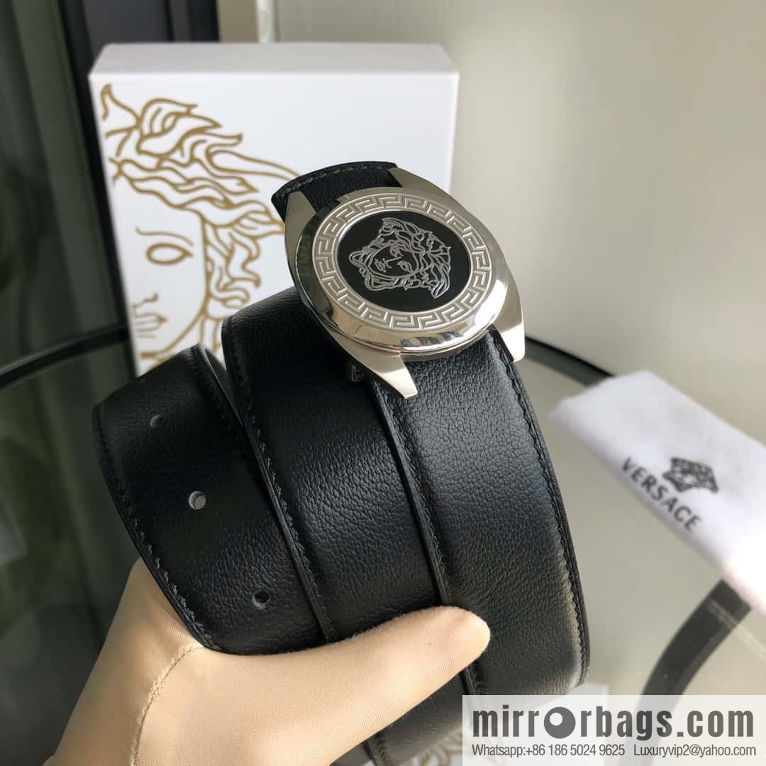 VERSACE Versace, stainless steel Medusa metal buckle, men's black first layer cowhide sheep texture belt 3.5cm