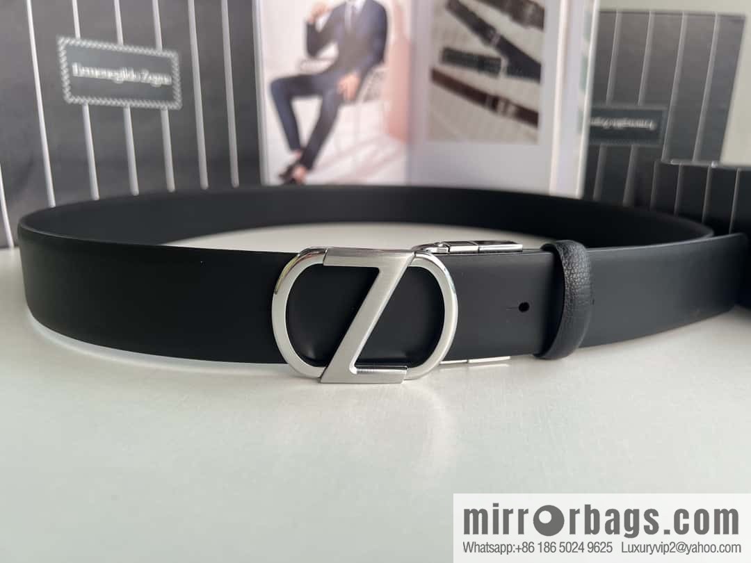 Z ZEGNA Zegna men's black first layer cowhide leather plate buckle belt 3.5cm