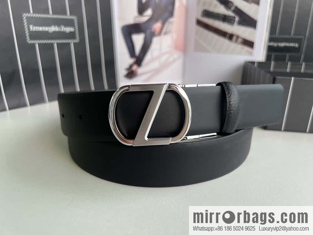 Z ZEGNA Zegna men's black first layer cowhide leather plate buckle belt 3.5cm