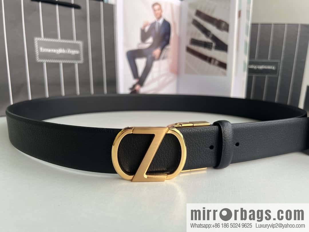 Z ZEGNA Zegna men's black first layer cowhide leather plate buckle belt 3.5cm