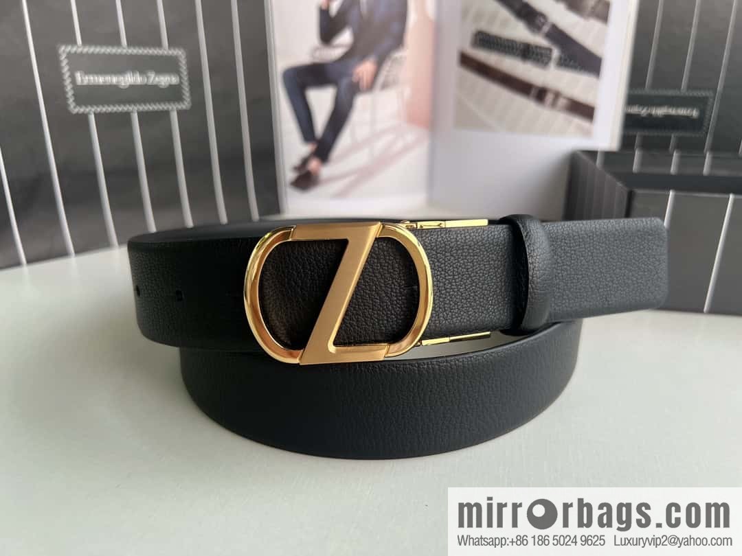 Z ZEGNA Zegna men's black first layer cowhide leather plate buckle belt 3.5cm