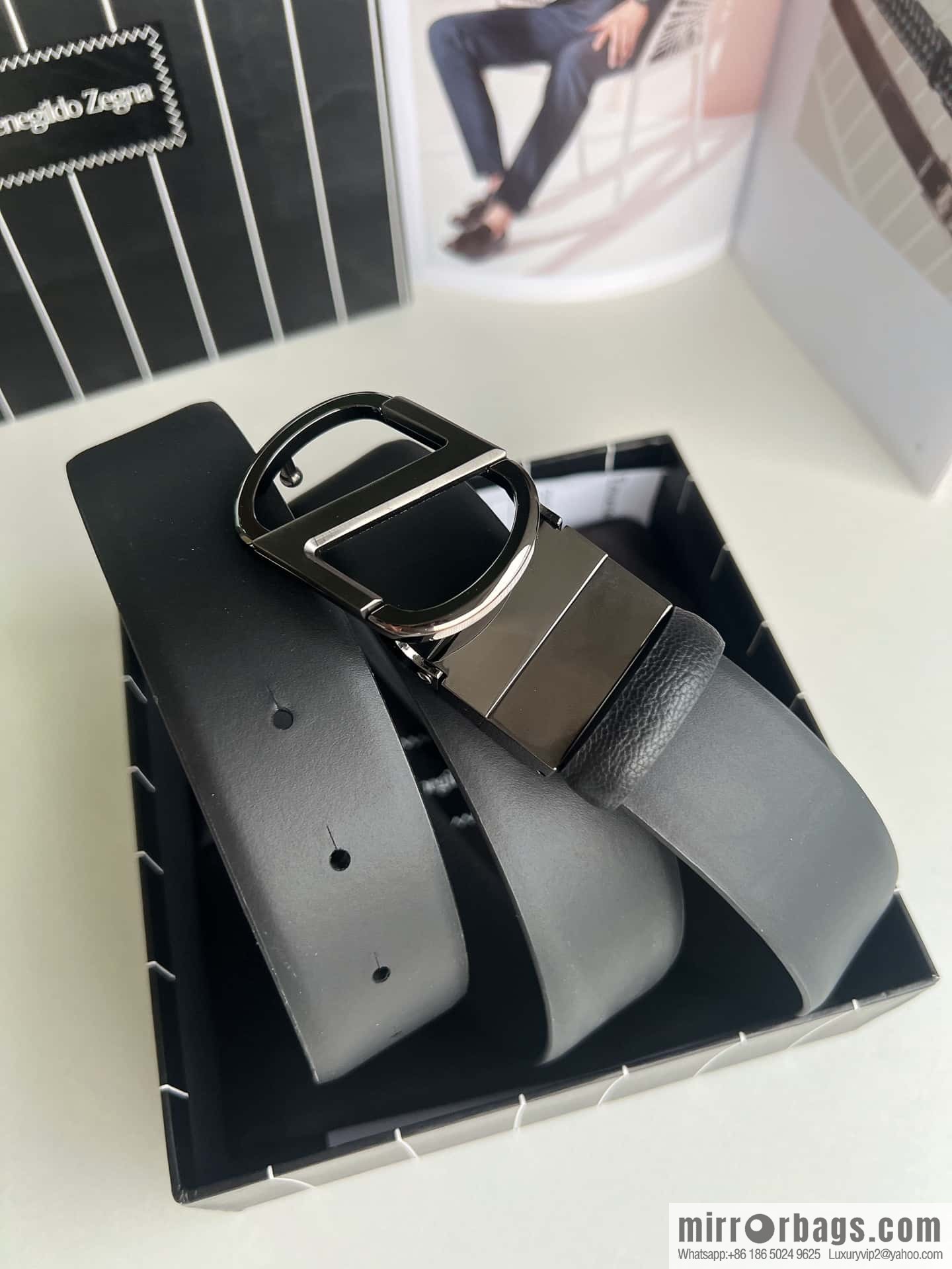 Z ZEGNA Zegna men's black first layer cowhide leather plate buckle belt 3.5cm