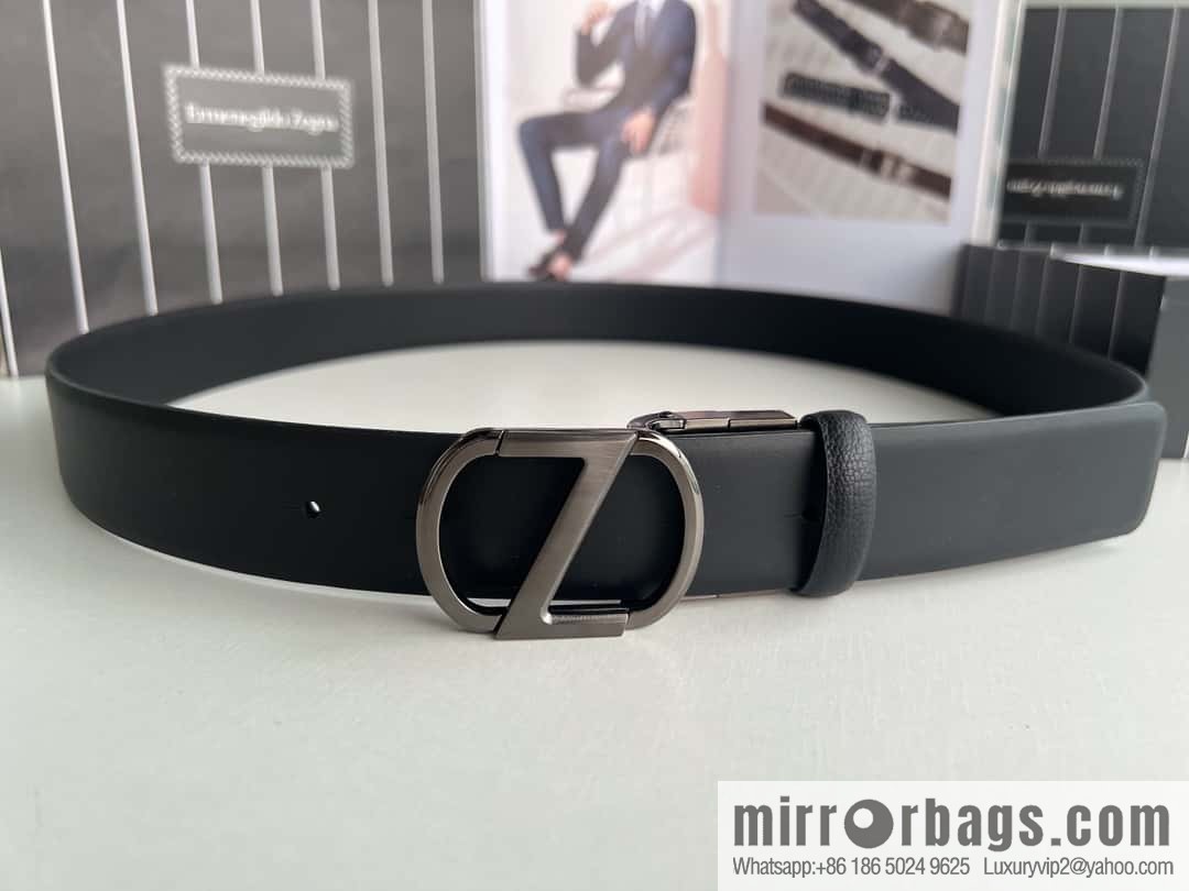 Z ZEGNA Zegna men's black first layer cowhide leather plate buckle belt 3.5cm