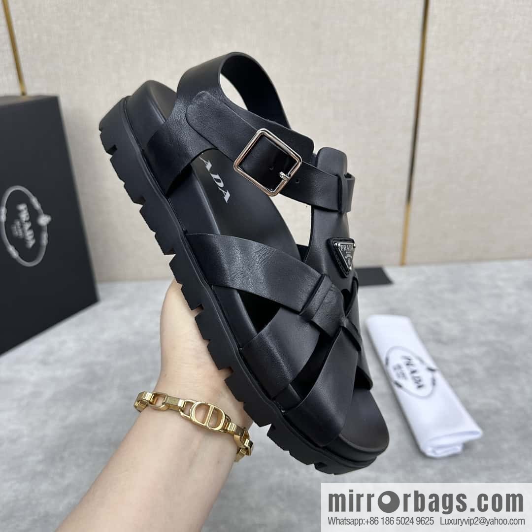 💋💍P's new Prada * Prada-da, new men's leather cross-woven sandals