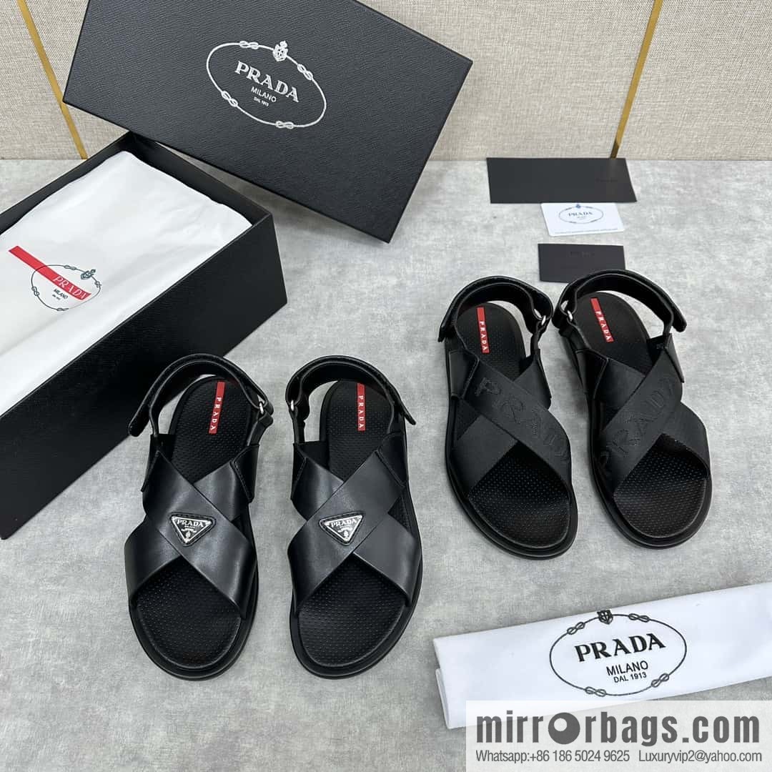 💋💍P home new product PRAD */Prada, new men's cross Velcro sandals