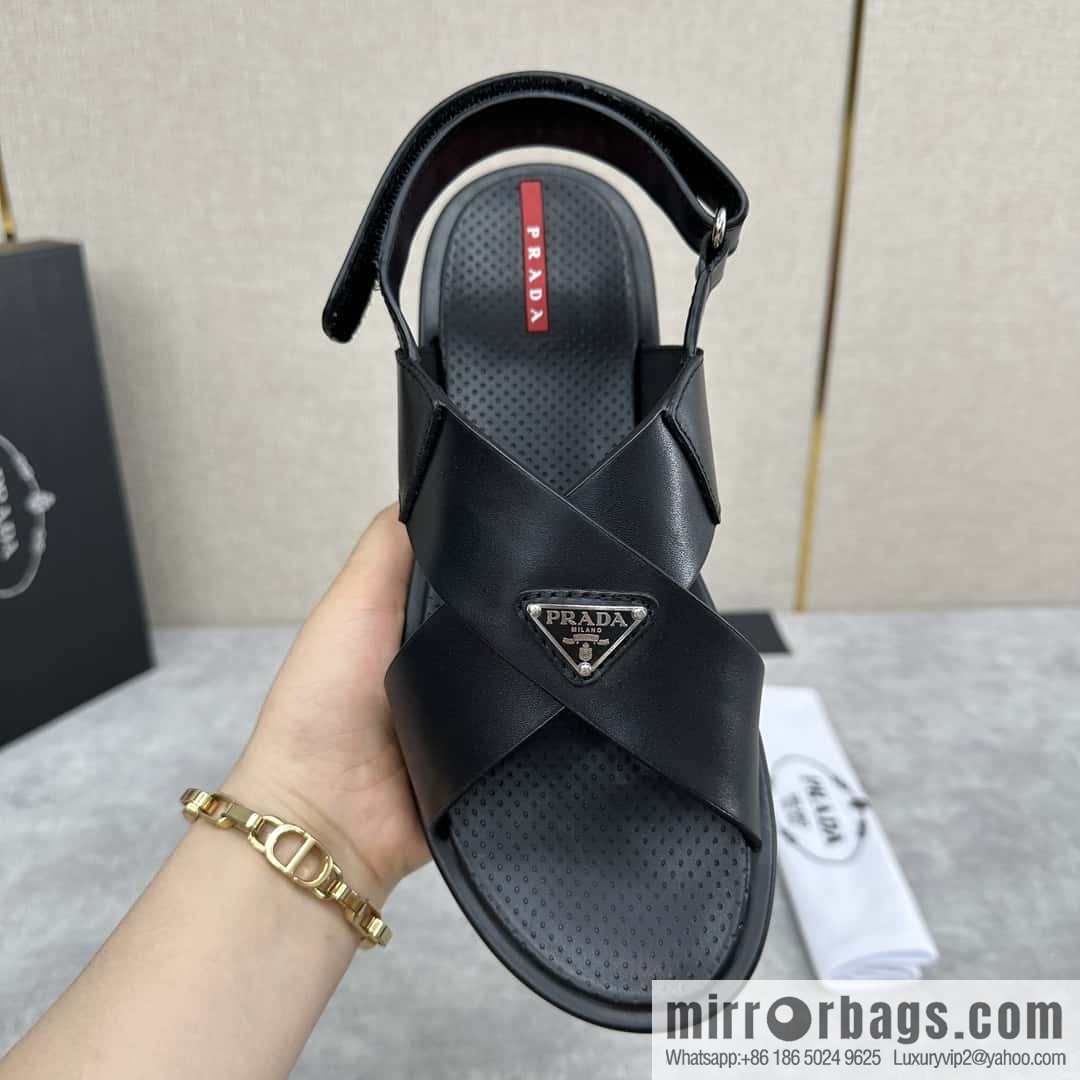💋💍P home new product PRAD */Prada, new men's cross Velcro sandals