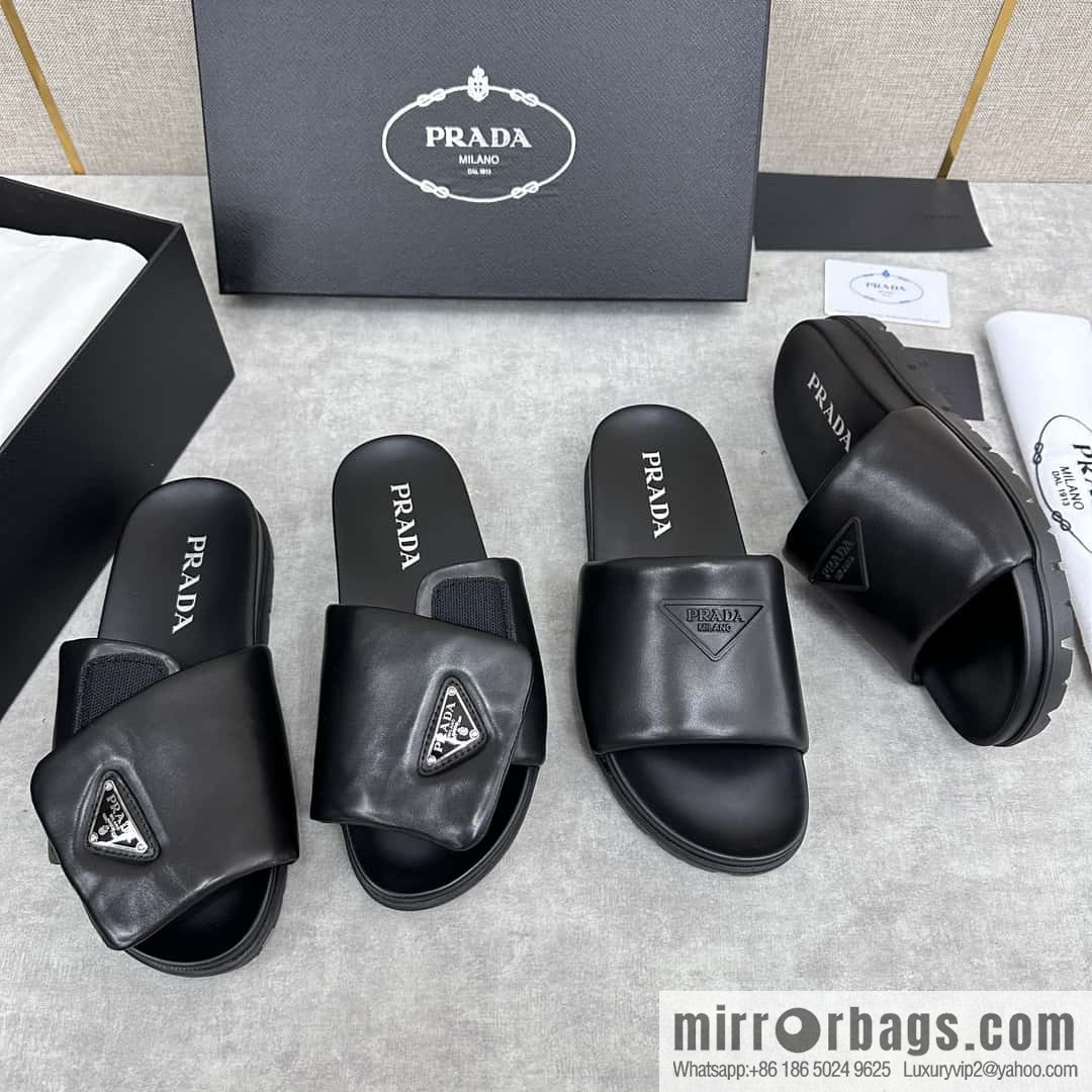 💋💍P new Prada * Prada-da, new men's leather one-word sandals