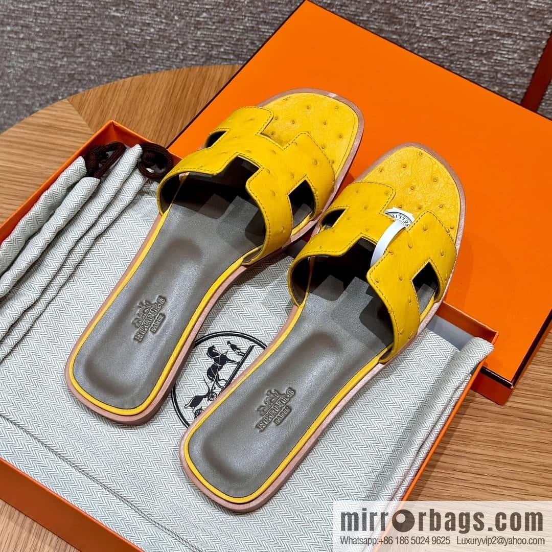 HERMES 181 Oran sandals, ostrich 🐦/Ostrich amber yellow/9D/Jauen ambre