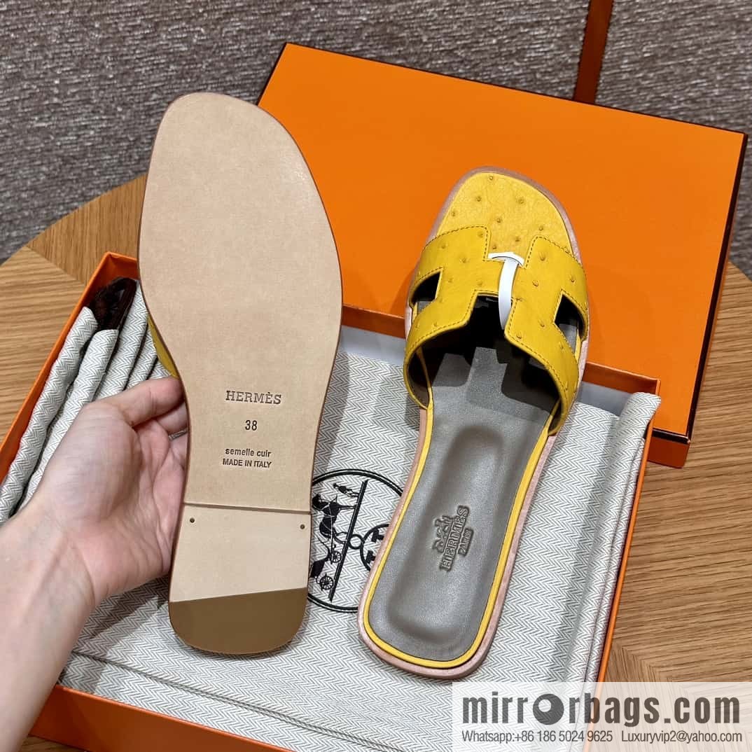 HERMES 181 Oran sandals, ostrich 🐦/Ostrich amber yellow/9D/Jauen ambre