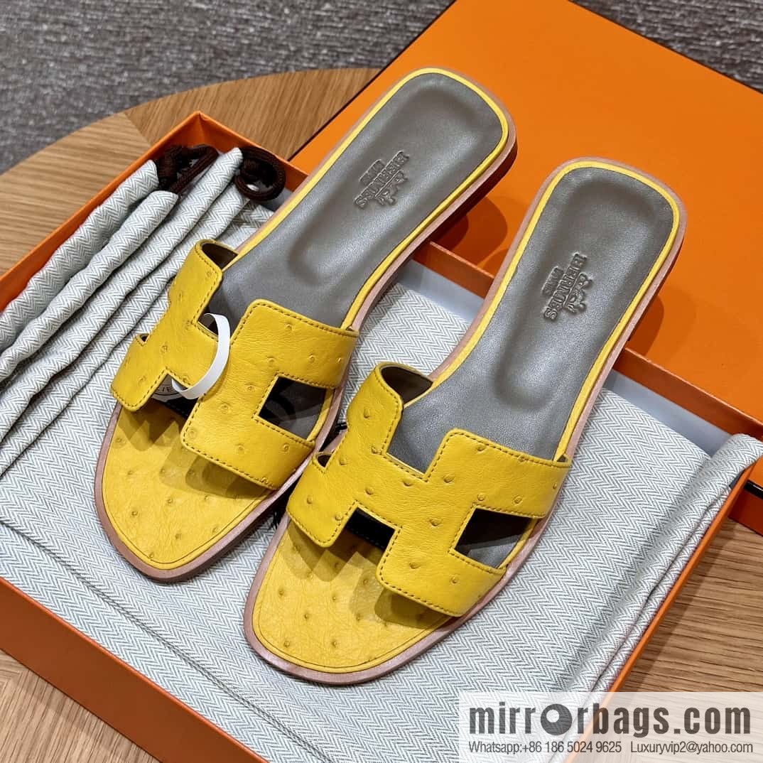 HERMES 181 Oran sandals, ostrich 🐦/Ostrich amber yellow/9D/Jauen ambre