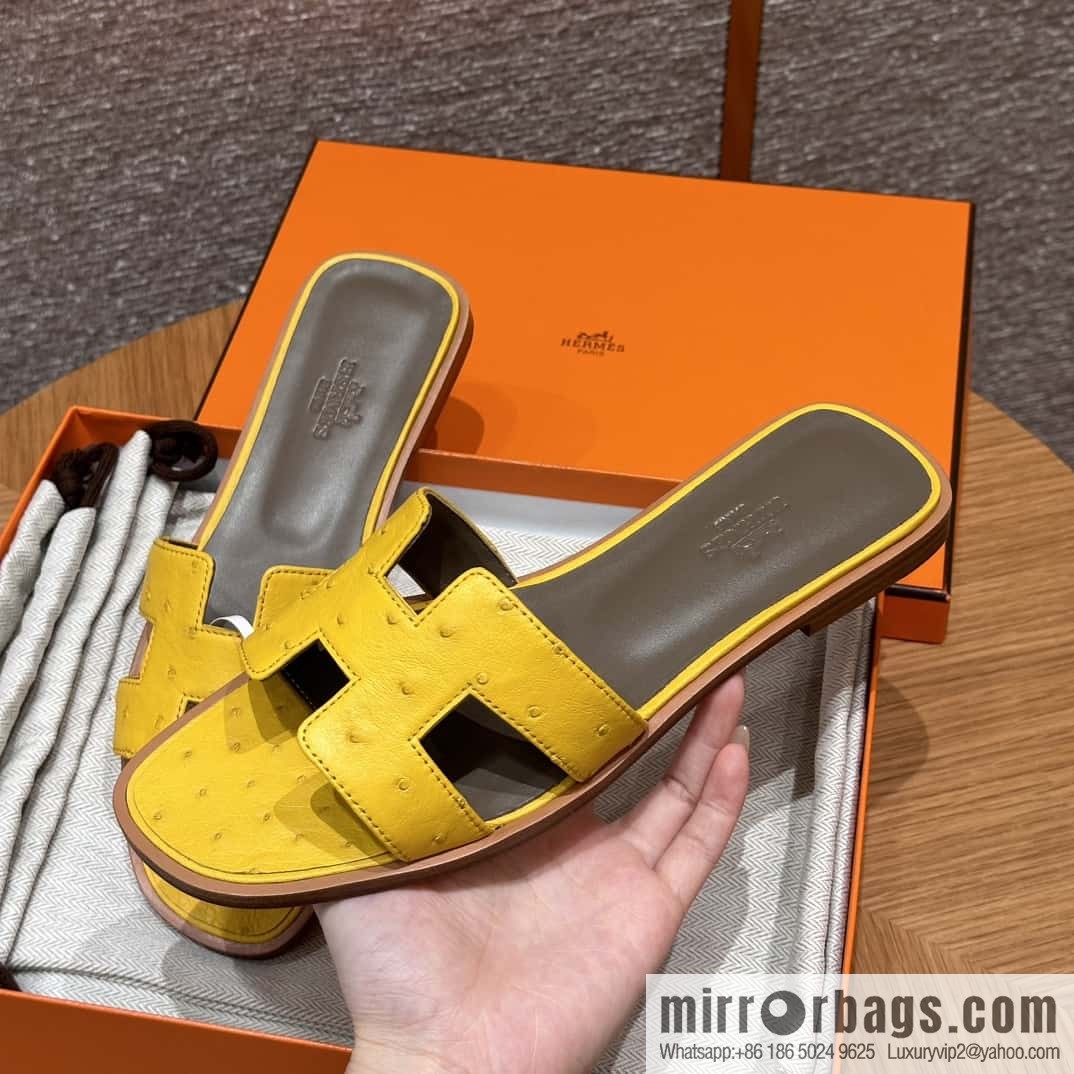 HERMES 181 Oran sandals, ostrich 🐦/Ostrich amber yellow/9D/Jauen ambre