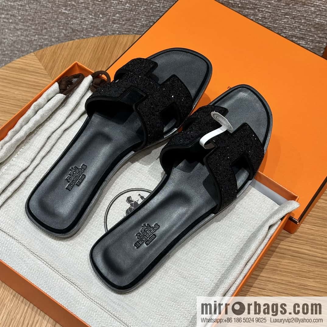 HERMES 181 Oran slippers, suede/diamond/Chamois leather/drilling black/ck89/noir