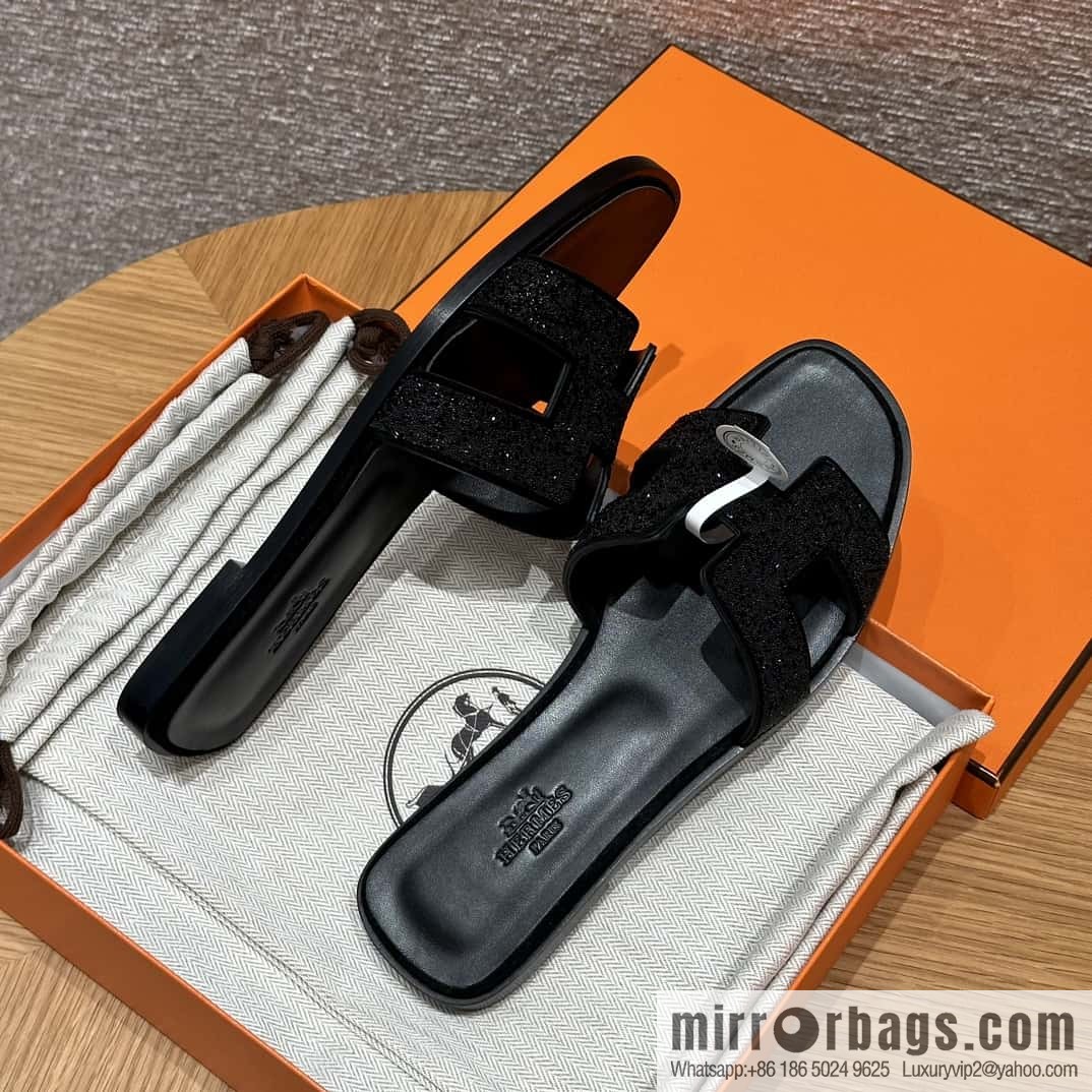 HERMES 181 Oran slippers, suede/diamond/Chamois leather/drilling black/ck89/noir