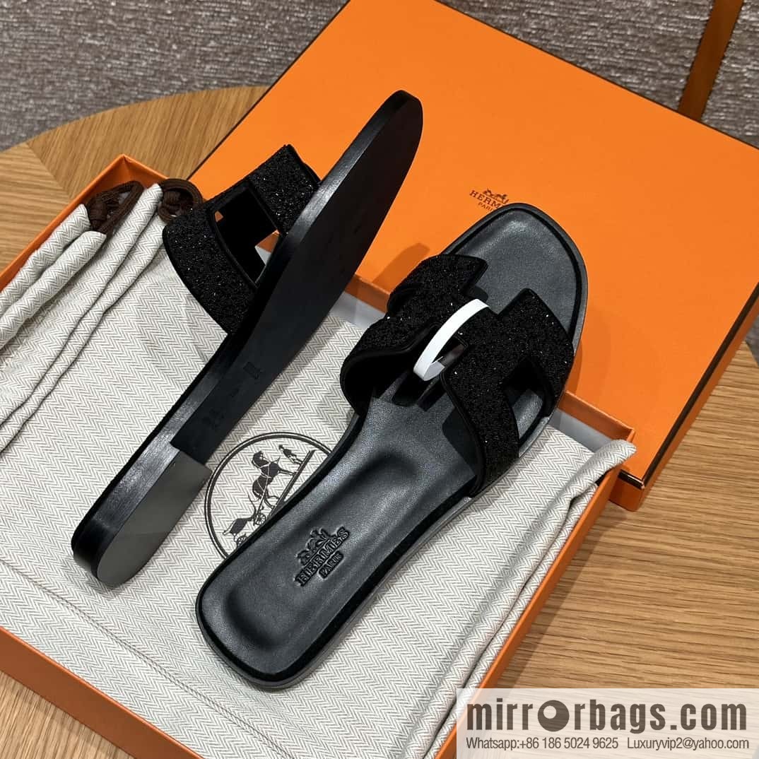 HERMES 181 Oran slippers, suede/diamond/Chamois leather/drilling black/ck89/noir