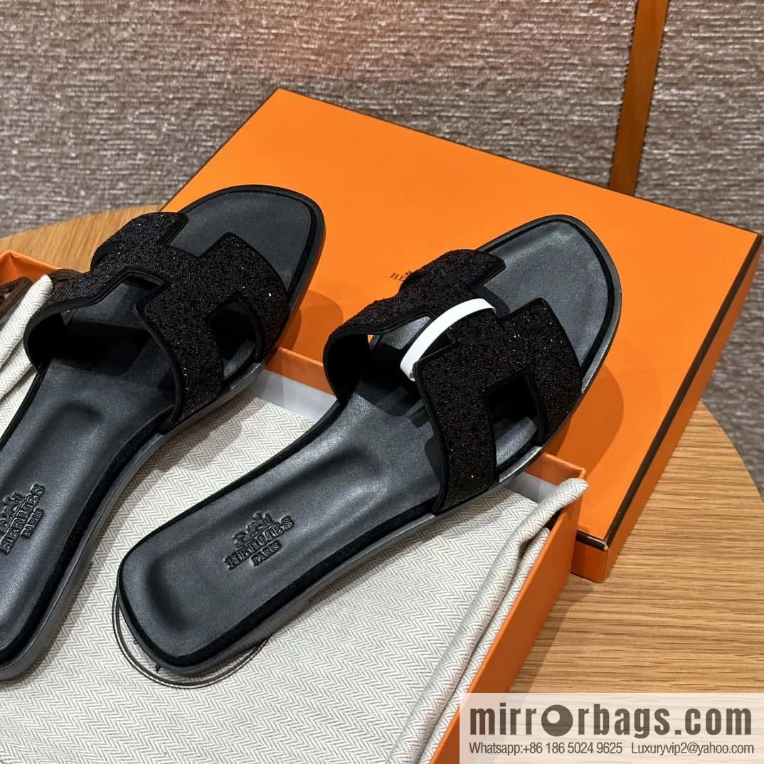 HERMES 181 Oran slippers, suede/diamond/Chamois leather/drilling black/ck89/noir