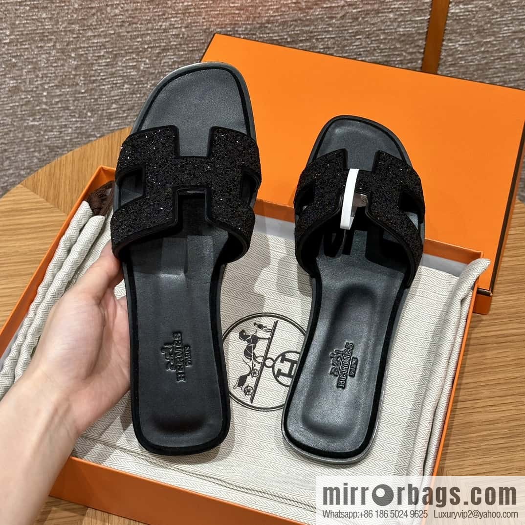 HERMES 181 Oran slippers, suede/diamond/Chamois leather/drilling black/ck89/noir