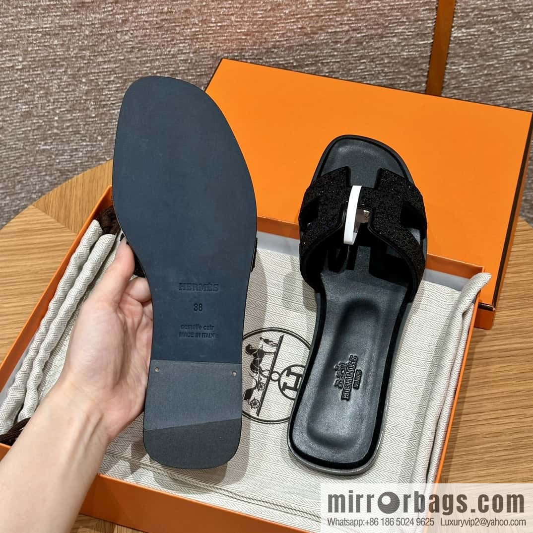 HERMES 181 Oran slippers, suede/diamond/Chamois leather/drilling black/ck89/noir
