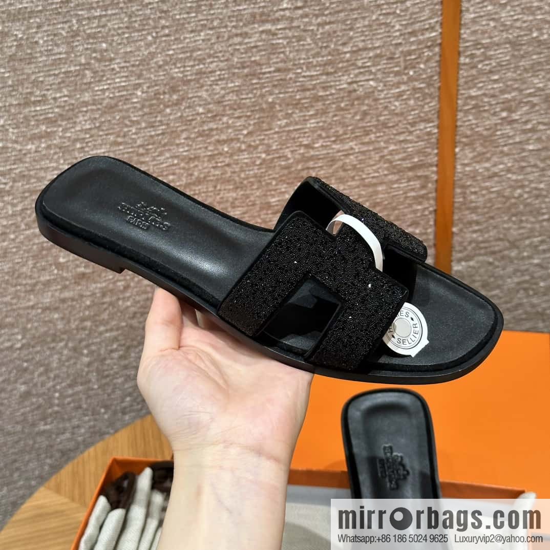 HERMES 181 Oran slippers, suede/diamond/Chamois leather/drilling black/ck89/noir