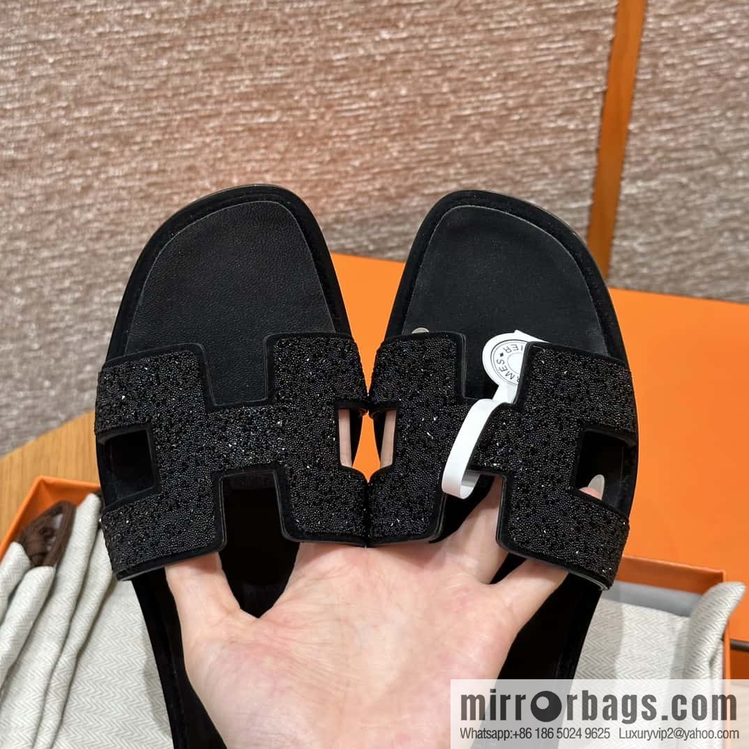 HERMES 181 Oran slippers, suede/diamond/Chamois leather/drilling black/ck89/noir