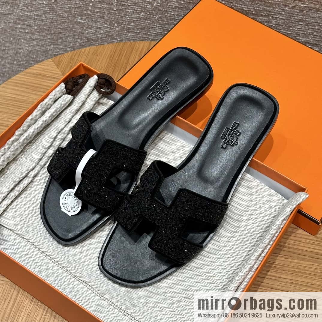 HERMES 181 Oran slippers, suede/diamond/Chamois leather/drilling black/ck89/noir