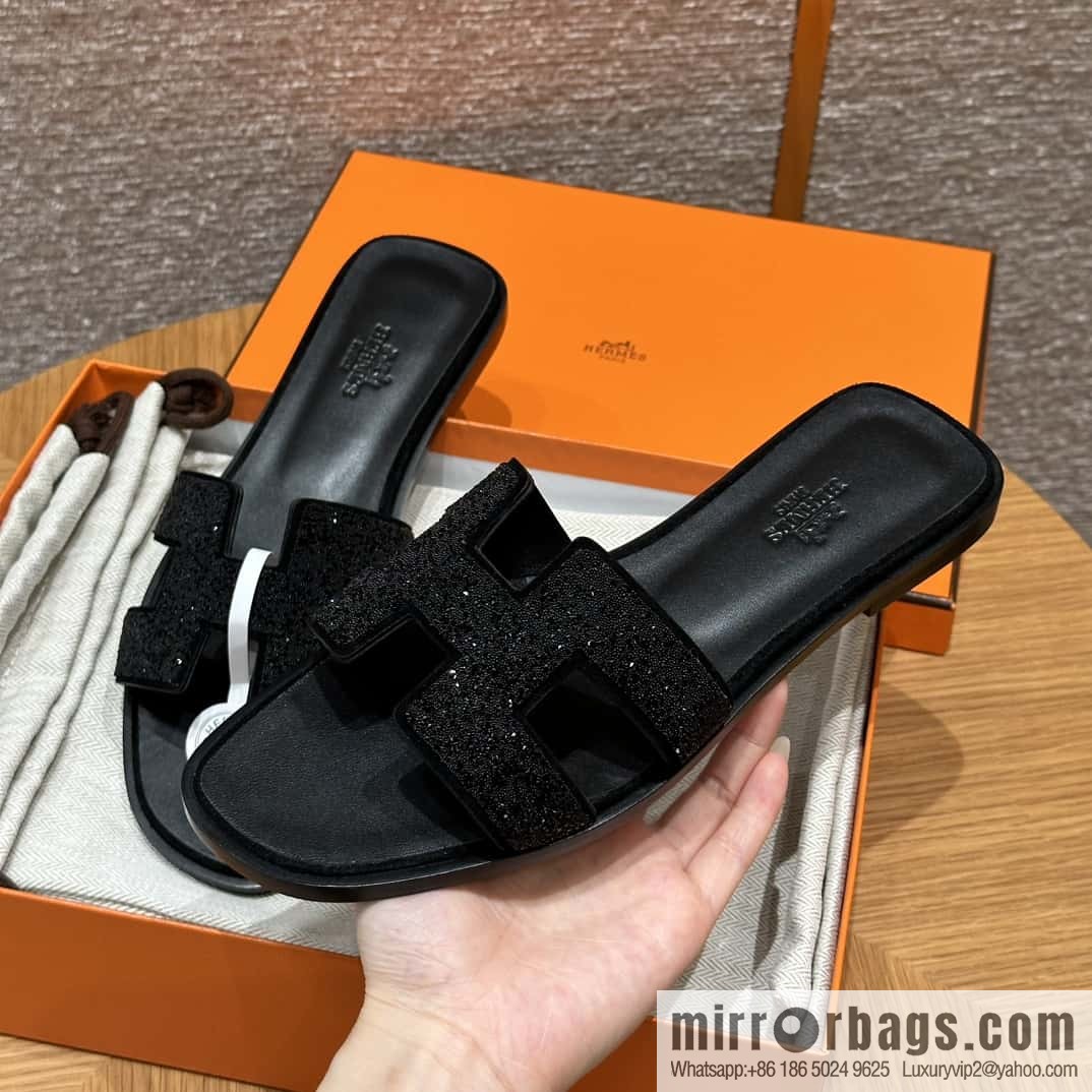 HERMES 181 Oran slippers, suede/diamond/Chamois leather/drilling black/ck89/noir