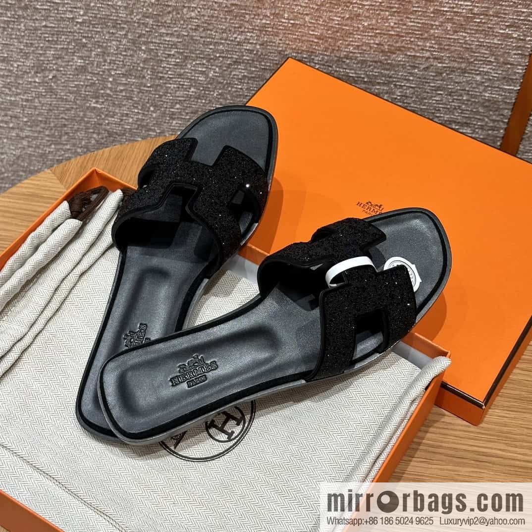 HERMES 181 Oran slippers, suede/diamond/Chamois leather/drilling black/ck89/noir