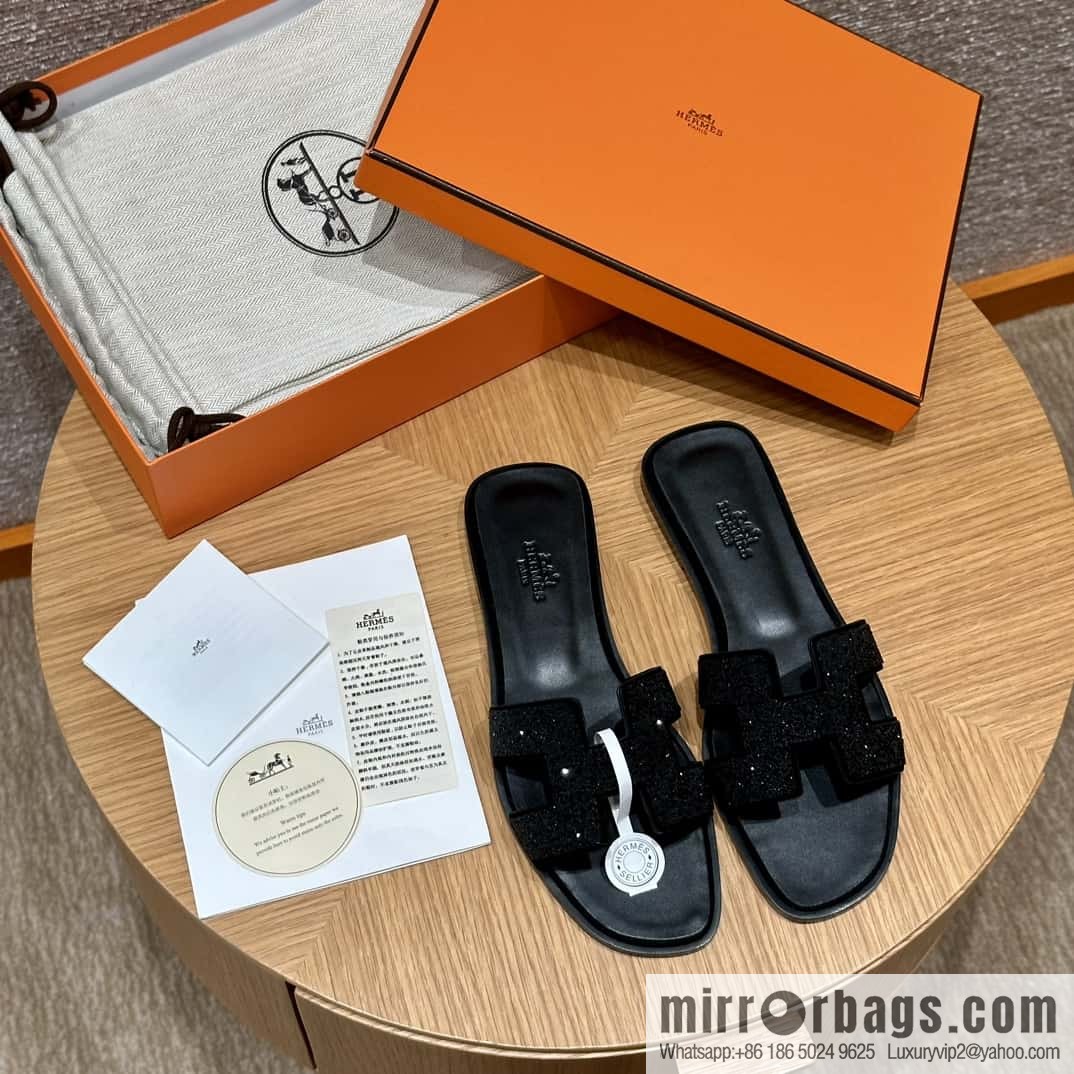 HERMES 181 Oran slippers, suede/diamond/Chamois leather/drilling black/ck89/noir