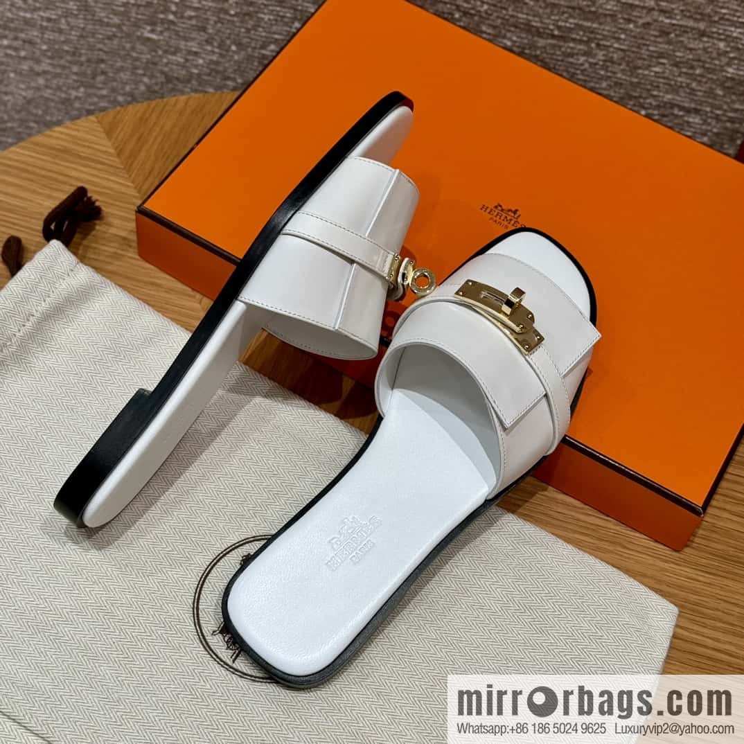 HERMES 183Kelly tow sandals Giulia calfskin /Calfskin white/01/Blanc