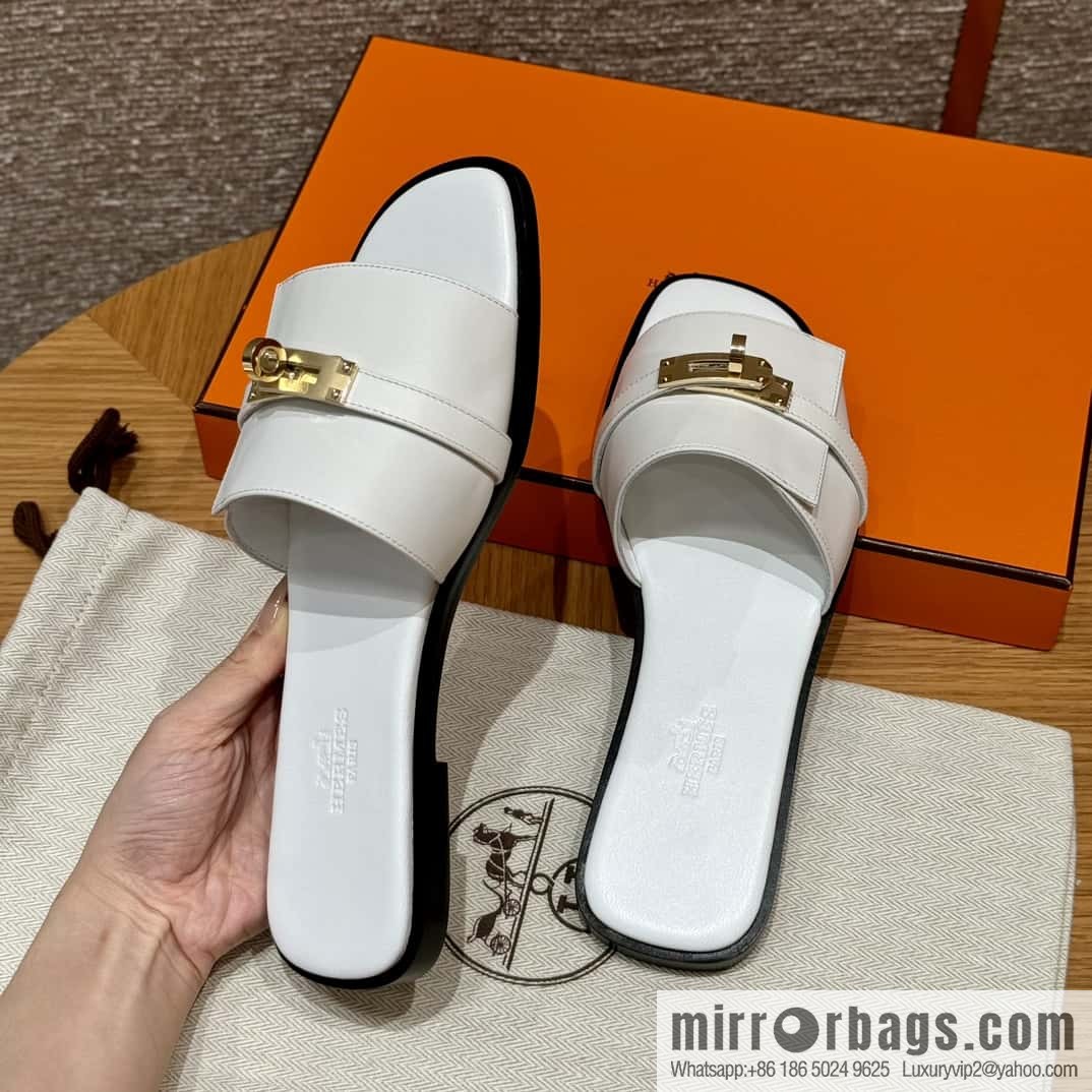 HERMES 183Kelly tow sandals Giulia calfskin /Calfskin white/01/Blanc